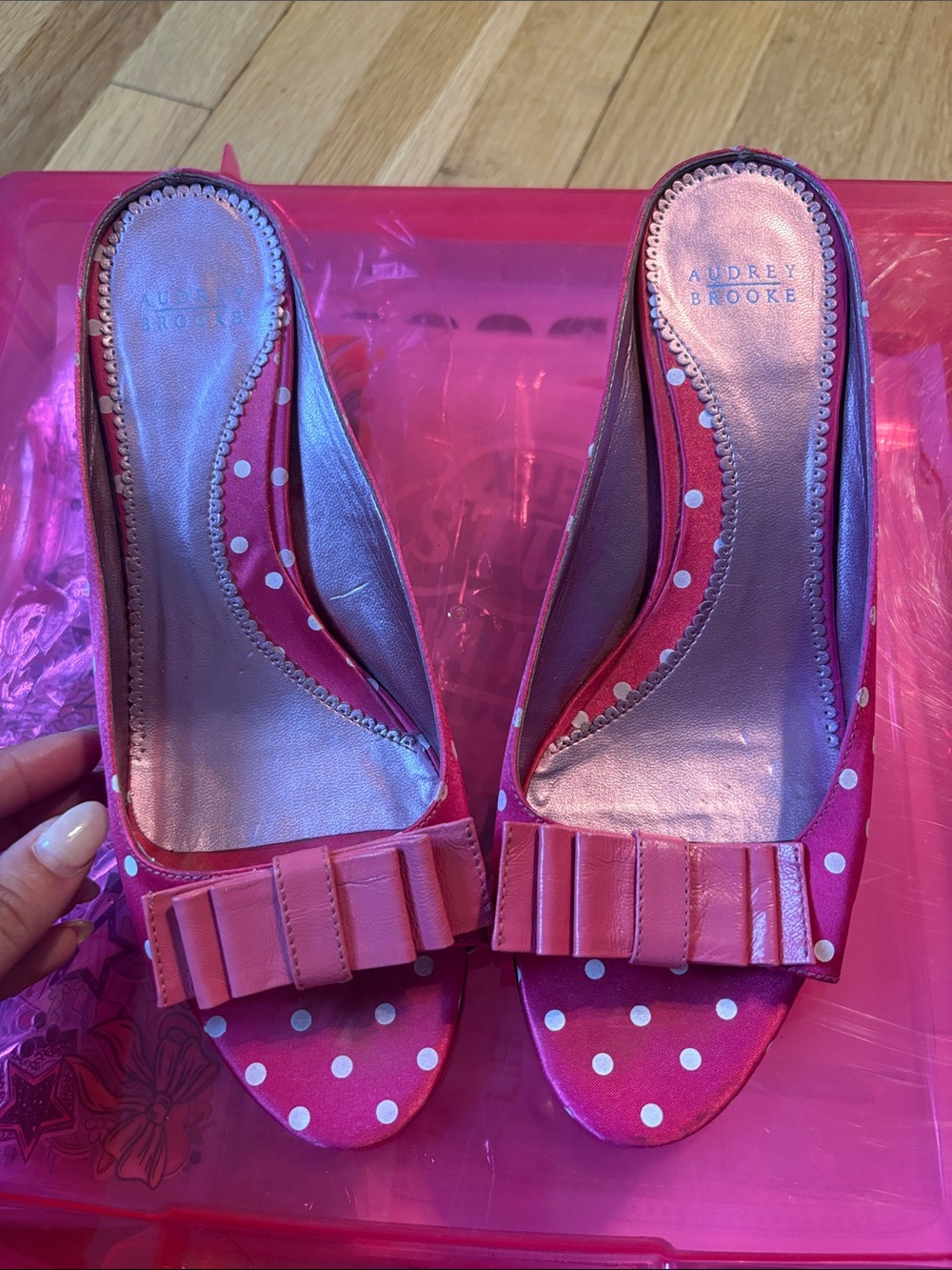 Audrey Brooke Hot Pink Polka Dot Bow Peep-Toe Mules